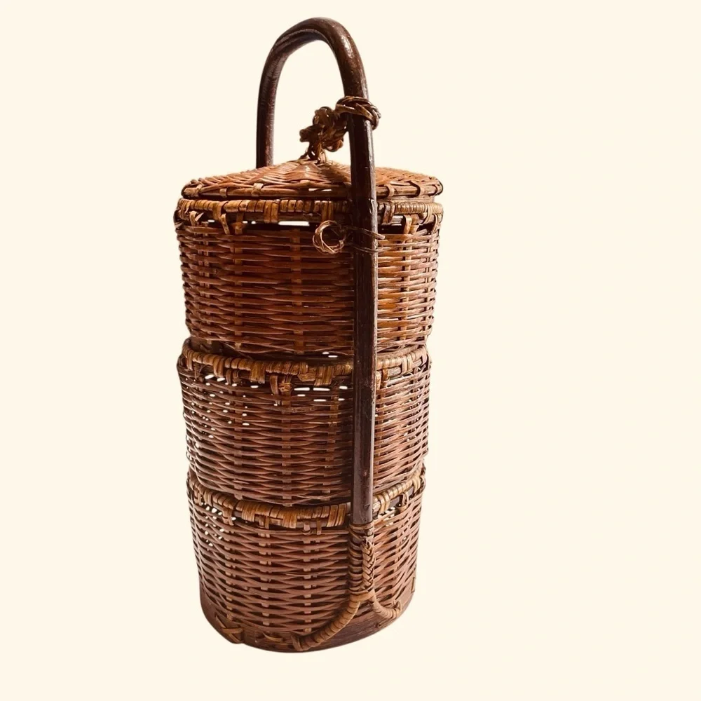 VTG Rattan Chinoiserie 3 Tier Basket with Handle | Rustic Wedding Sewing Basket